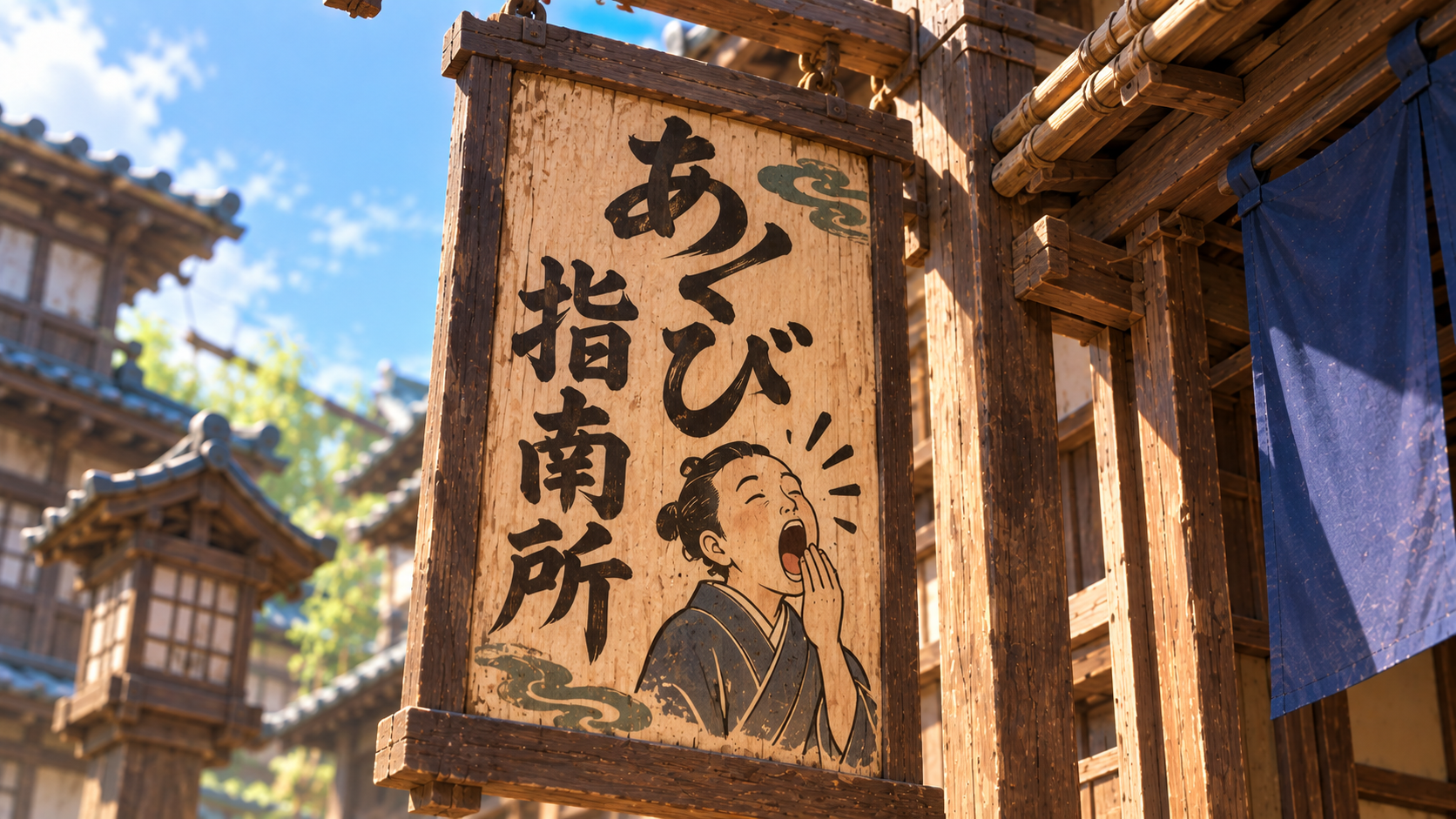 町を歩いている途中、「あくび指南所」の看板を見つける熊さん