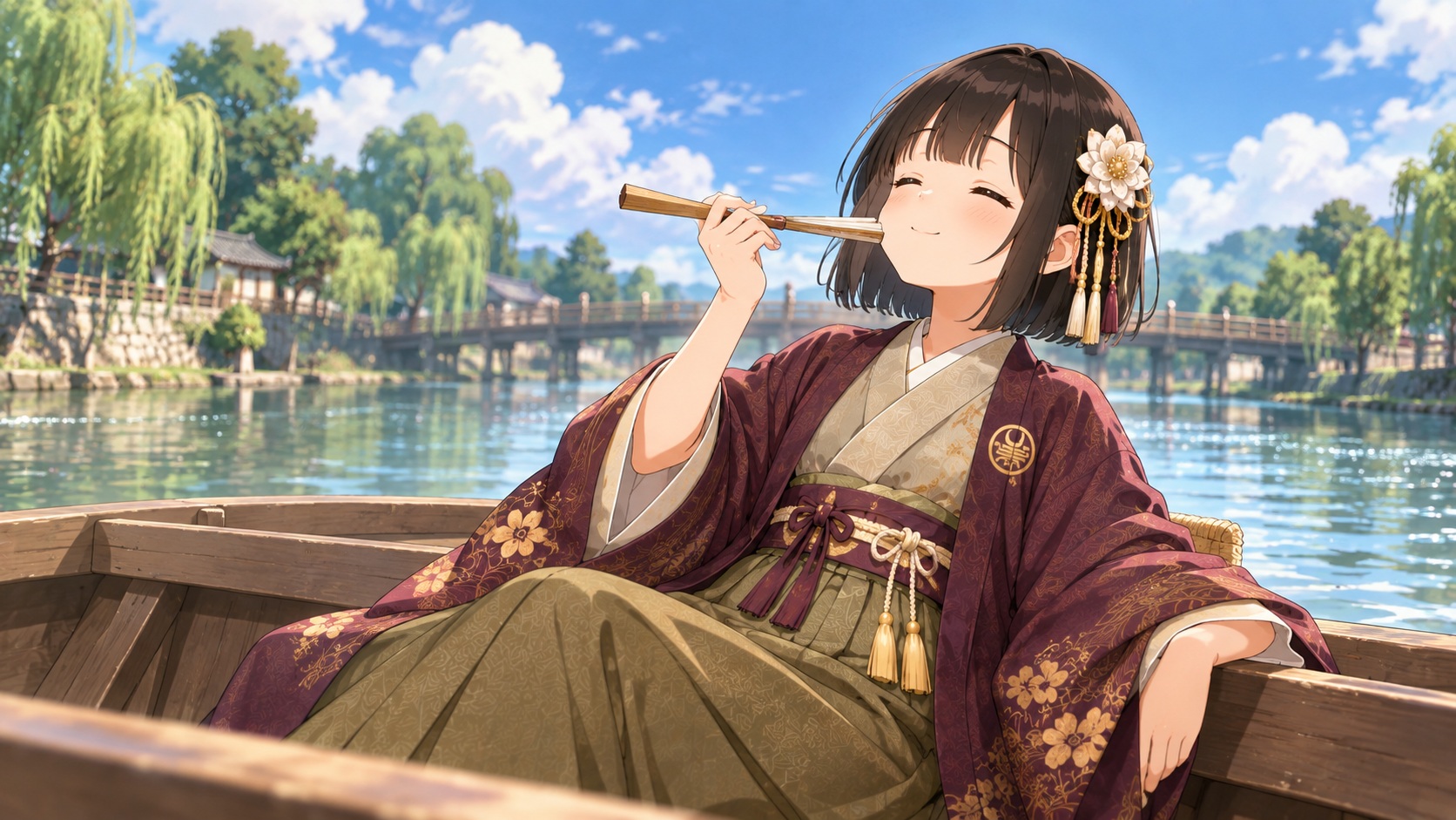 川に舟を浮かべ、ゆったりと揺られながら一服している師匠