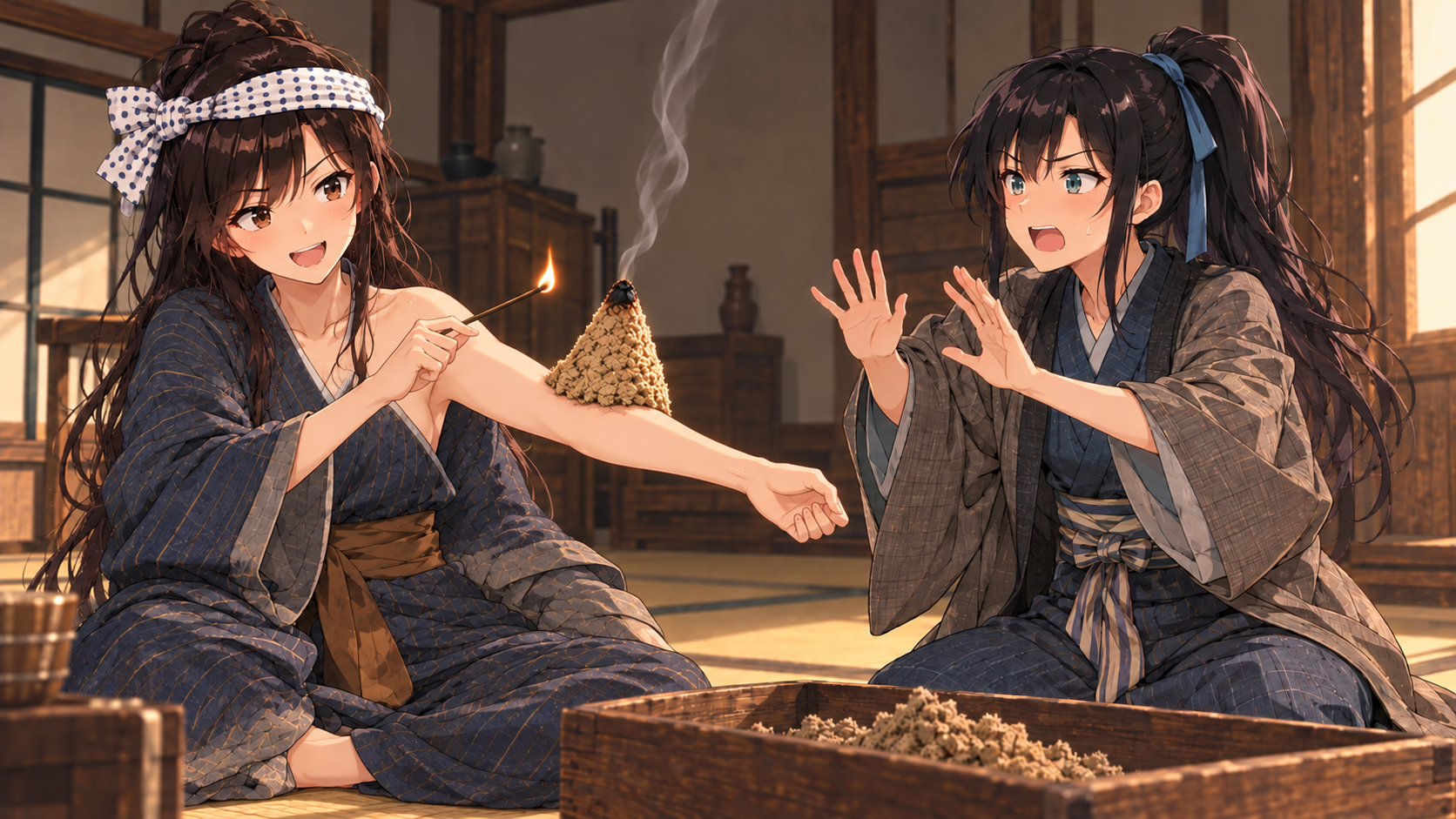 もぐさを山のように積み上げる熊さん