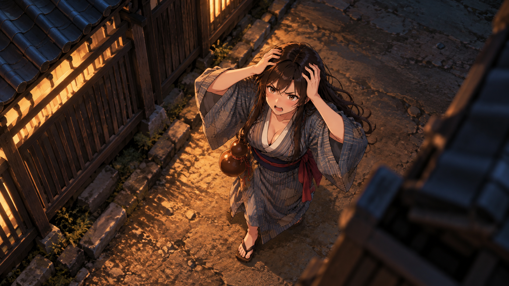 両手で頭をつかみ、正面へ戻す男