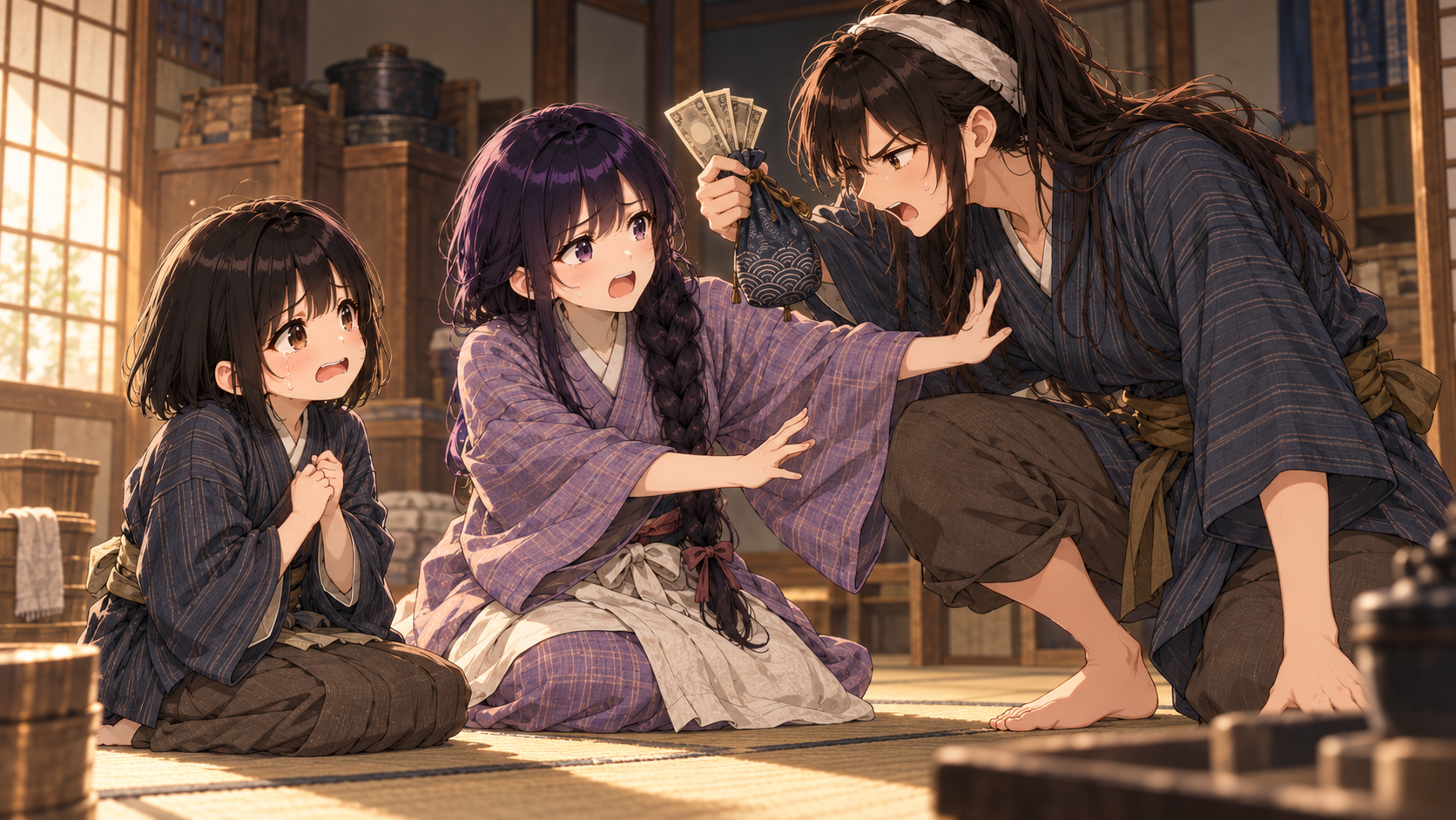 慌てて夫を止め、亀吉をなだめる母親