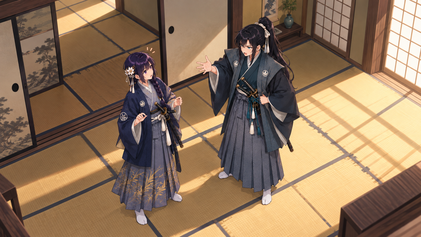 武士の身なりをさせられる留公