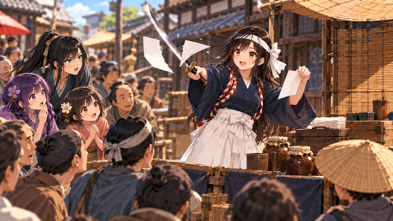油を拭き取れば、再び刀はよく切れるという実演をする商人