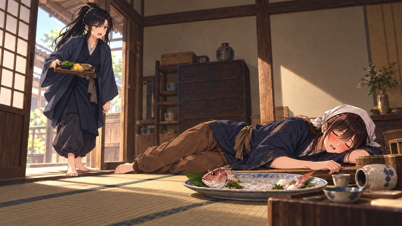 熊五郎がすっかり酔っぱらい、寝込んだところに兄貴分が戻ってくる